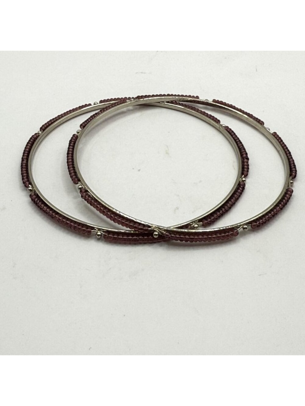 Silver Maroon Seed Bead Bangle Bracelet Set Boho